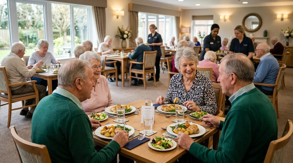 Assisted living dining room with plated meals prepared from a dietitian-approved cycle menu rotation