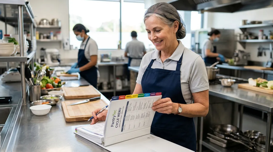 Dietitian-Approved Cycle Menus for Senior Care Facilities - Senior care kitchen manager reviewing a printed cycle menu binder at an assisted living facility