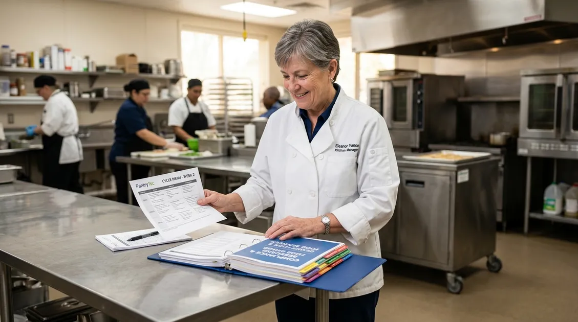 Dietitian-Approved Cycle Menus for Senior Care Facilities - Kitchen manager reviewing a printed cycle menu beside a compliance binder in a senior care facility Dietitian-Approved Cycle Menus for Senior Care Facilities - Kitchen manager reviewing a printed cycle menu beside a compliance binder in a senior care facility