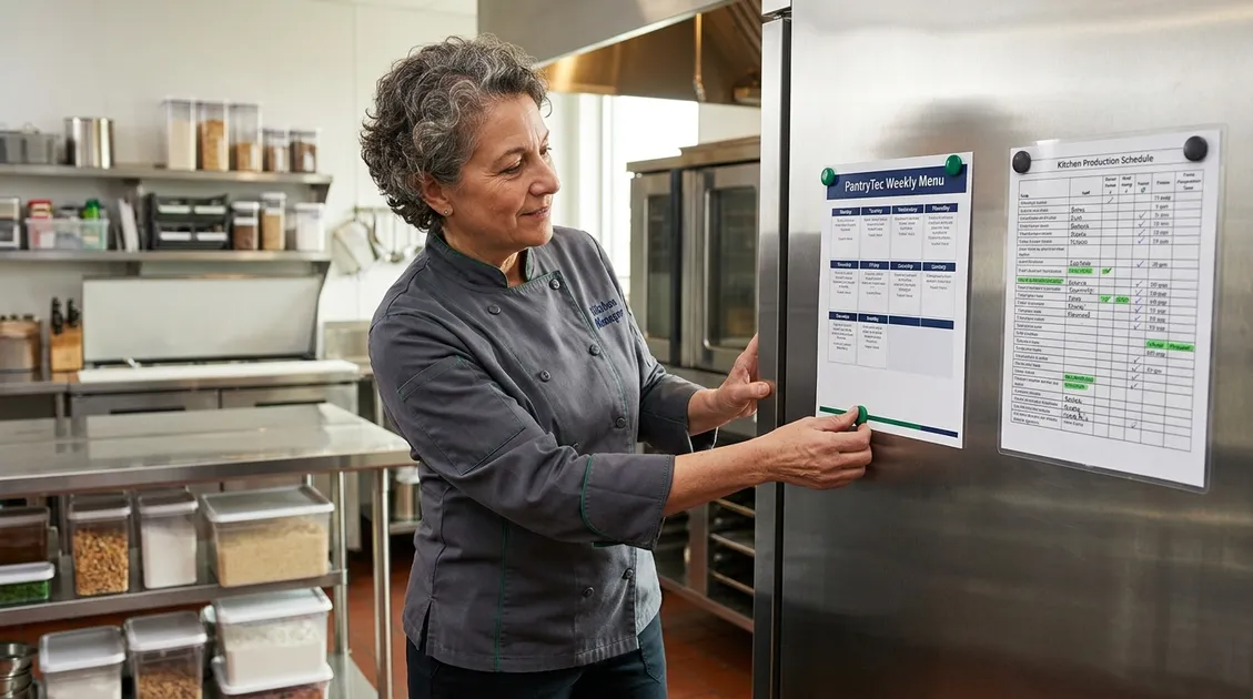Dietitian-Approved Cycle Menus for Senior Care Facilities - Senior care kitchen manager reviewing a PantryTec menu posted on kitchen wall next to production sheet