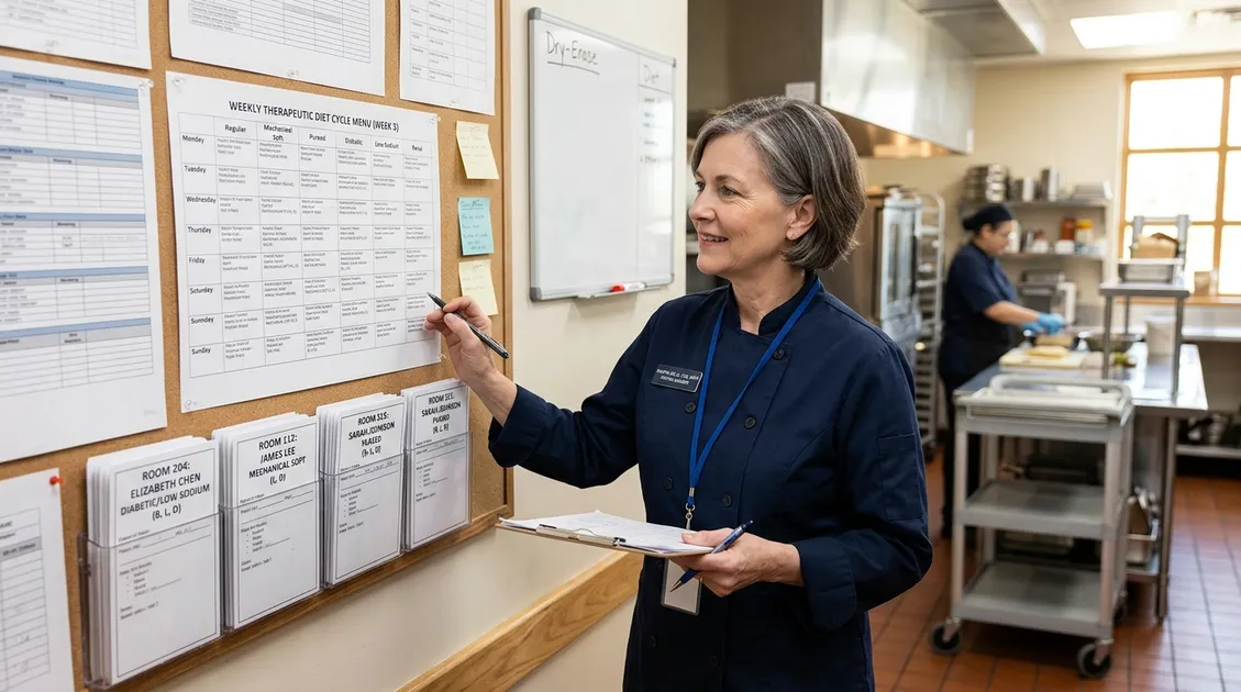 Senior care kitchen manager reviewing printed therapeutic diet cycle menu posted on kitchen wall