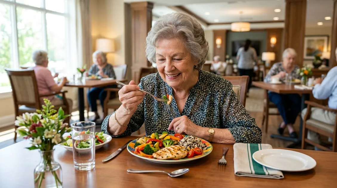 Senior care resident enjoying a plated meal in an assisted living dining room
