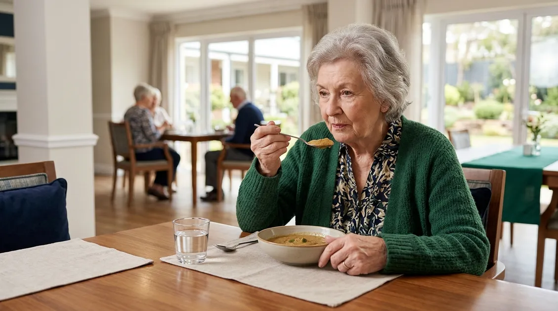 Senior care resident assisted with a puree meal in a dignified dining room setting