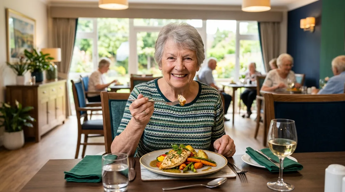 Senior resident eating plated meal in well-lit assisted living dining room