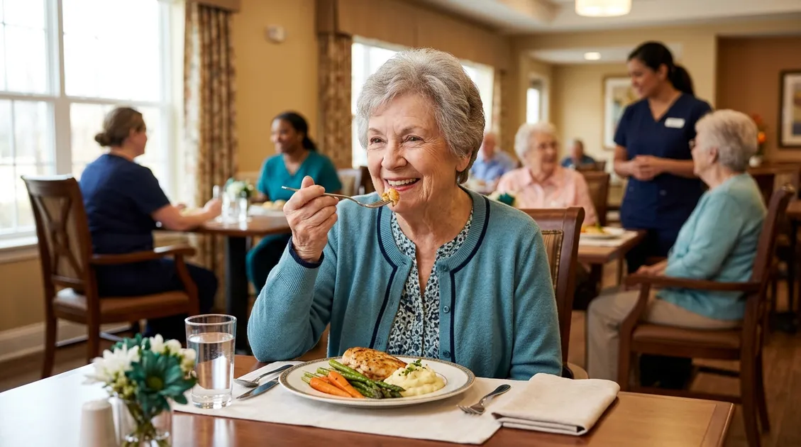 Senior resident smiling while eating a well-plated meal in a dining room