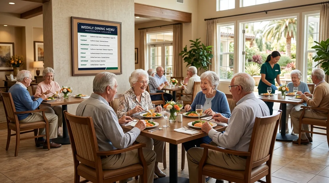 California RCFE dining room with residents eating a meal and printed weekly menu visible on wall California RCFE dining room with residents eating a meal and printed weekly menu visible on wall