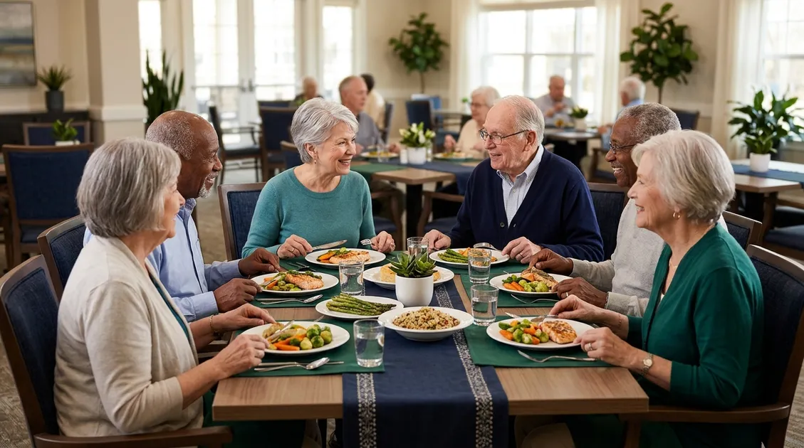 Dietitian-Approved Cycle Menus for Senior Care Facilities - Colorful plated lunch meals on an assisted living dining table with seasonal garnish