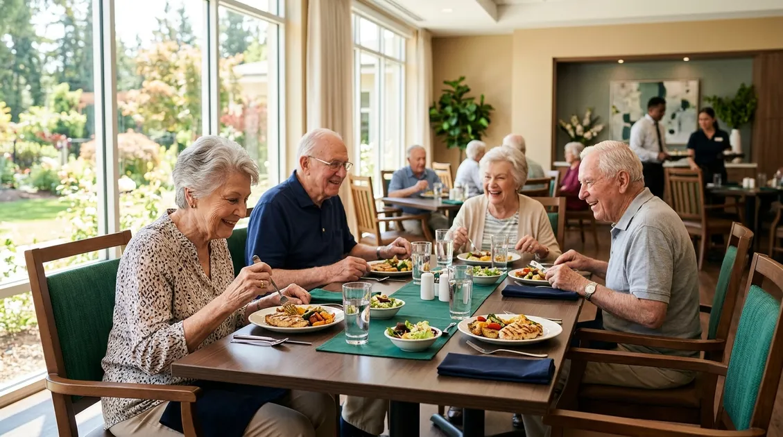 Assisted living facility dining room with plated senior meals on tables