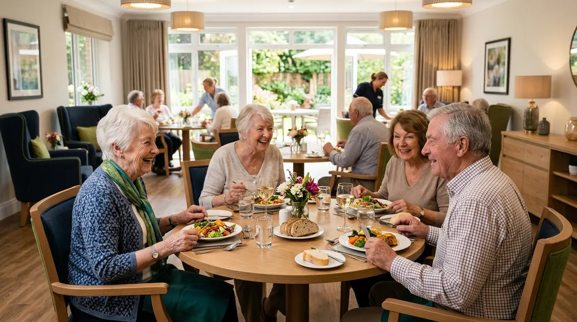 Senior residents enjoying a meal in a bright assisted living dining room Senior residents enjoying a meal in a bright assisted living dining room