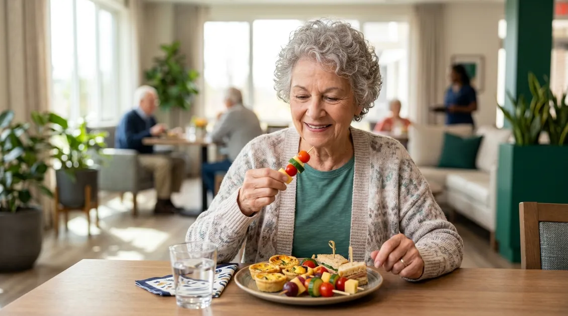 Elderly memory care resident eating finger food snacks independently at dining table