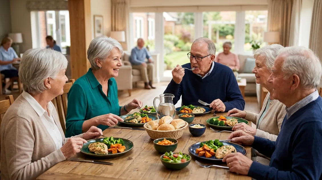 Board and care home dining room with professionally plated meals served to seniors at a family-style table