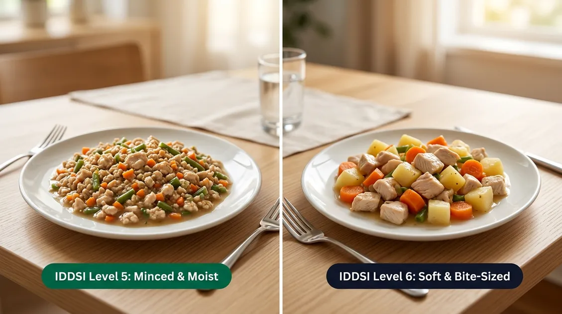Dietitian-Approved Cycle Menus for Senior Care Facilities - Side-by-side comparison of IDDSI Level 5 minced meal and IDDSI Level 6 soft bite-sized meal on identical plates