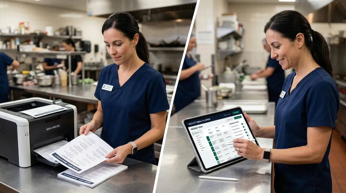 Dietitian-Approved Cycle Menus for Senior Care Facilities - Photo: Side-by-side comparison of printed PDF cycle menu and cloud-based menu software dashboard