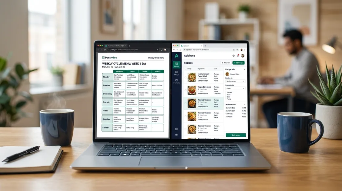 Dietitian-Approved Cycle Menus for Senior Care Facilities - Side-by-side dashboard comparison of PantryTec cycle menu PDF and Apicbase recipe management interface