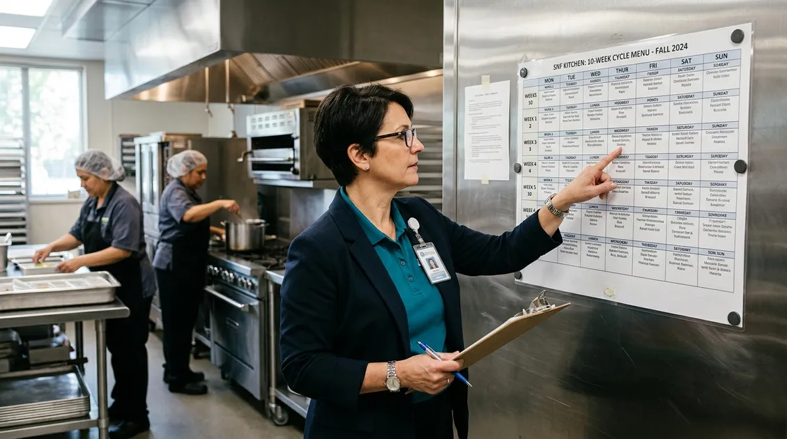 Dietitian-Approved Cycle Menus for Senior Care Facilities - Skilled nursing facility kitchen manager reviewing a printed 10-week cycle menu posted on a stainless steel kitchen wall