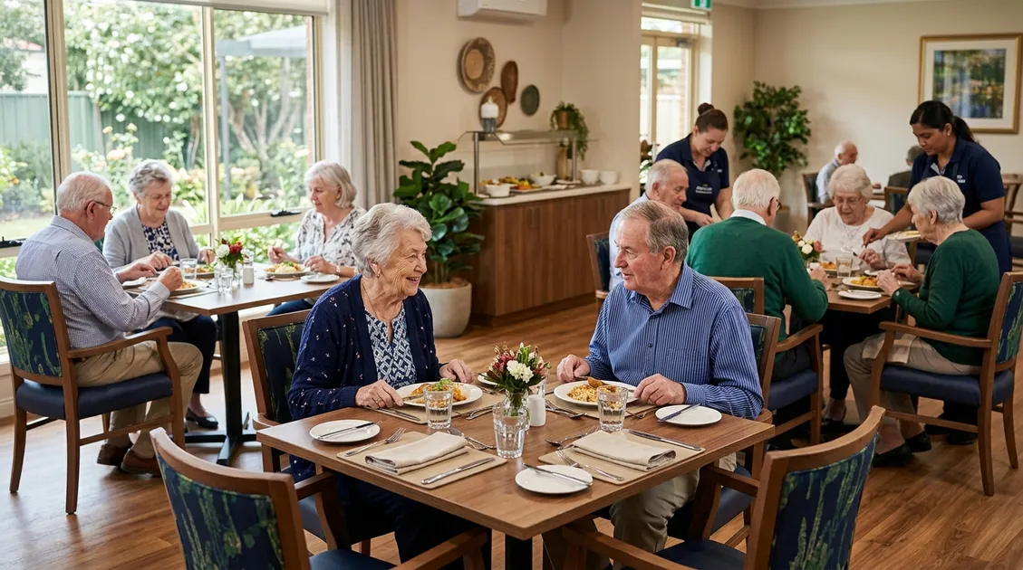 Small assisted living facility dining room with residents eating a prepared meal Small assisted living facility dining room with residents eating a prepared meal