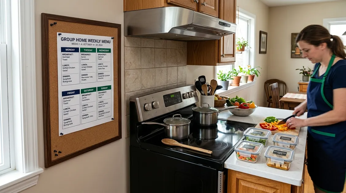 Dietitian-Approved Cycle Menus for Senior Care Facilities - Small group home kitchen with a printed weekly cycle menu posted on the wall next to a food preparation station
