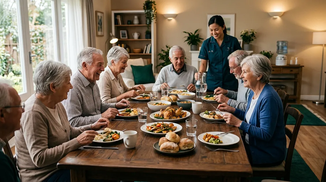 Dietitian-Approved Cycle Menus for Senior Care Facilities - Small personal care home dining room with residents eating a meal together at a family-style table Dietitian-Approved Cycle Menus for Senior Care Facilities - Small personal care home dining room with residents eating a meal together at a family-style table
