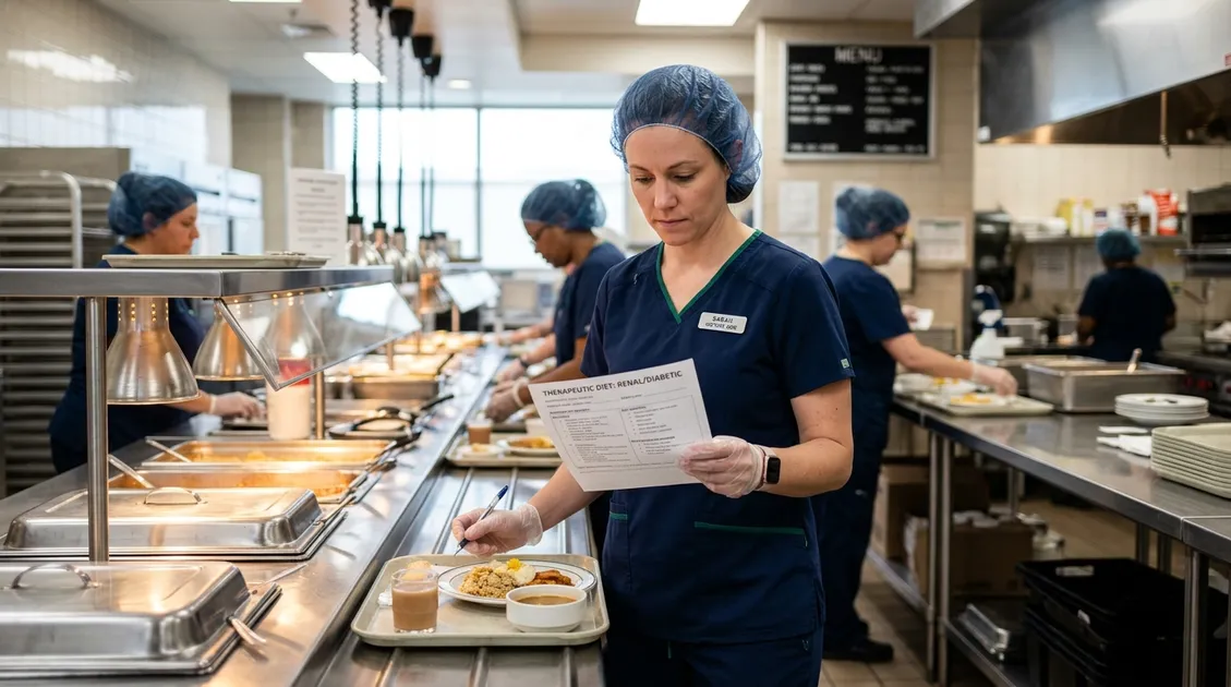SNF dietary aide reviewing a therapeutic diet tray card at the tray line during meal service