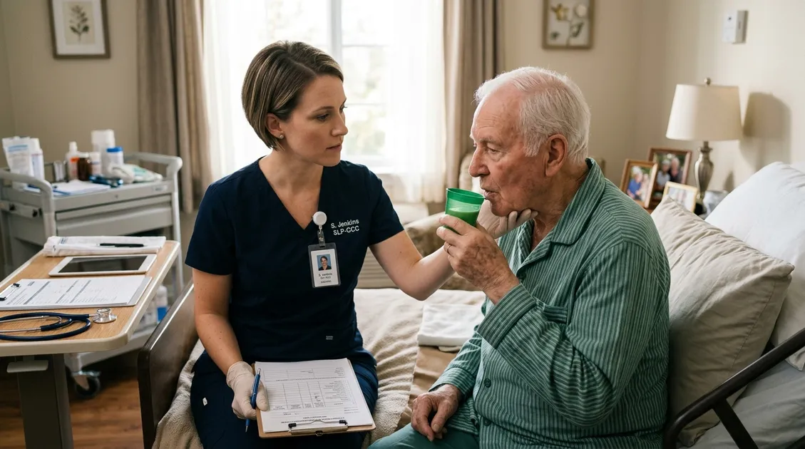 Speech-language pathologist conducting a bedside swallowing evaluation with a senior resident