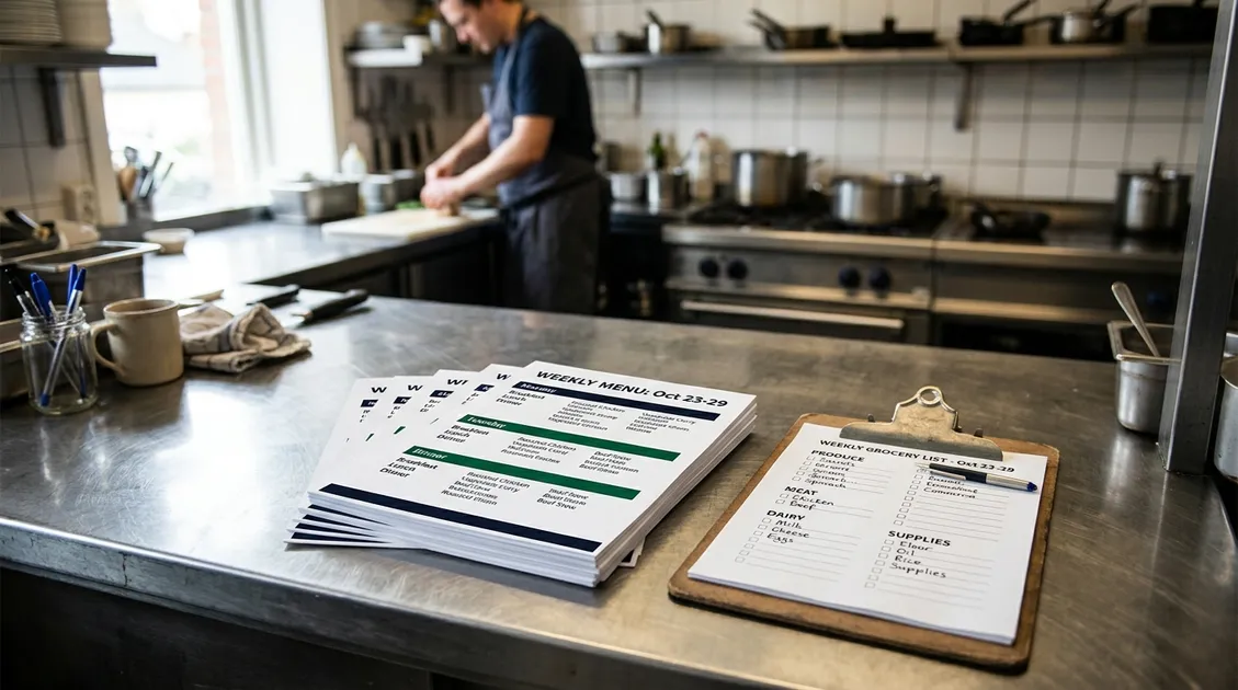 Dietitian-Approved Cycle Menus for Senior Care Facilities - Printed PantryTec weekly menu PDFs and shopping list on stainless steel kitchen prep counter