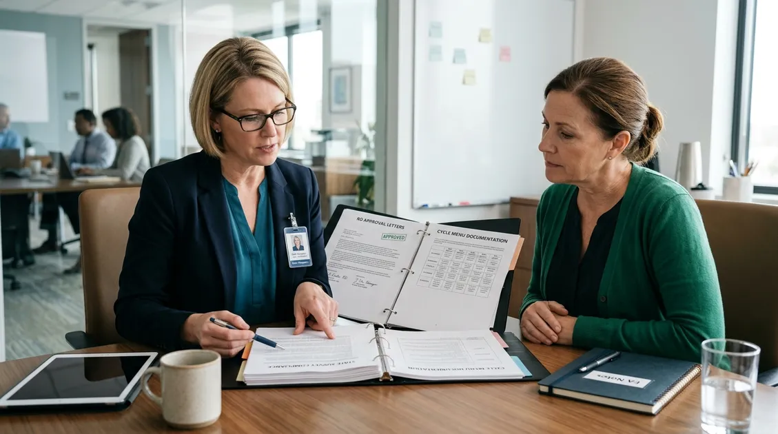Dietitian-Approved Cycle Menus for Senior Care Facilities - State surveyor reviewing dietary documentation with a facility administrator Dietitian-Approved Cycle Menus for Senior Care Facilities - State surveyor reviewing dietary documentation with a facility administrator