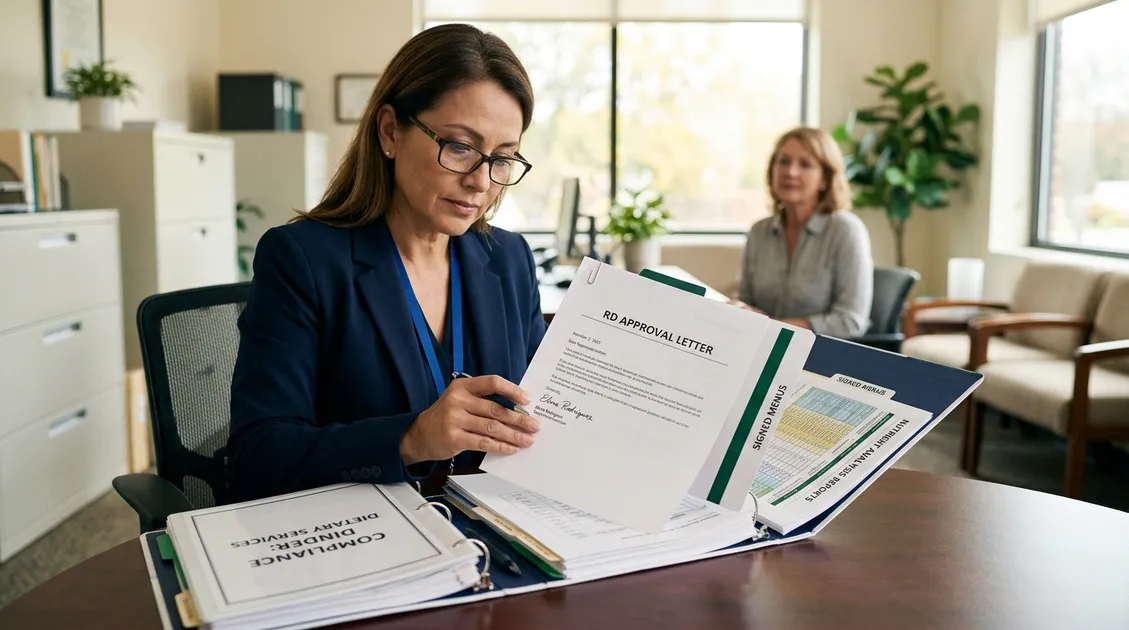 State surveyor reviewing dietary compliance binder with RD approval letter at assisted living facility