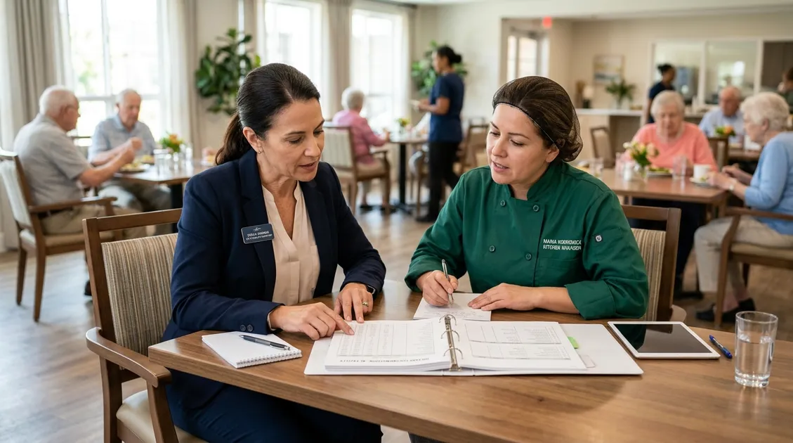 State surveyor reviewing dietary compliance documents in an assisted living facility
