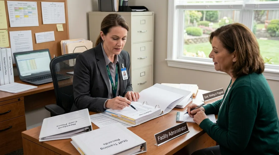 Dietitian-Approved Cycle Menus for Senior Care Facilities - State licensing inspector reviewing a compliance binder with cycle menu documentation at a small residential care facili