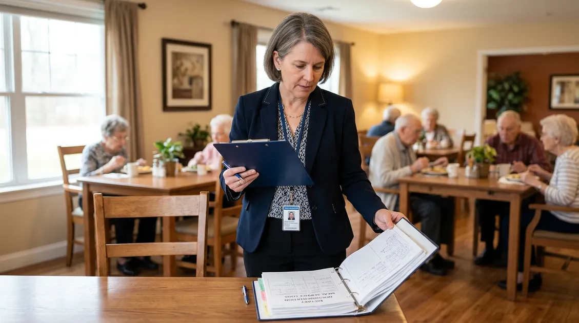 Dietitian-Approved Cycle Menus for Senior Care Facilities - State licensing surveyor reviewing dietary documentation binder in a small residential care facility