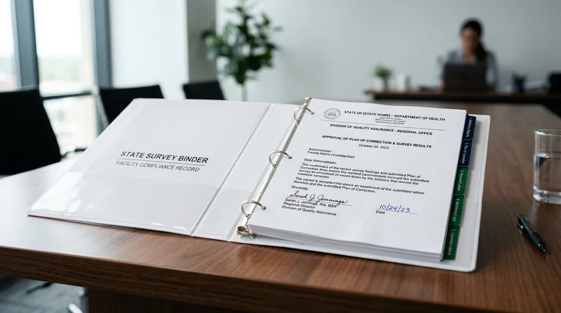 State survey compliance binder open to signed RD approval letter page