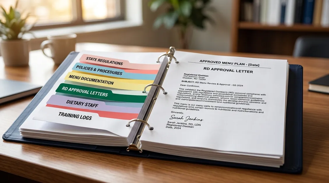 Kitchen manager reviewing printed PDF menu at food preparation station