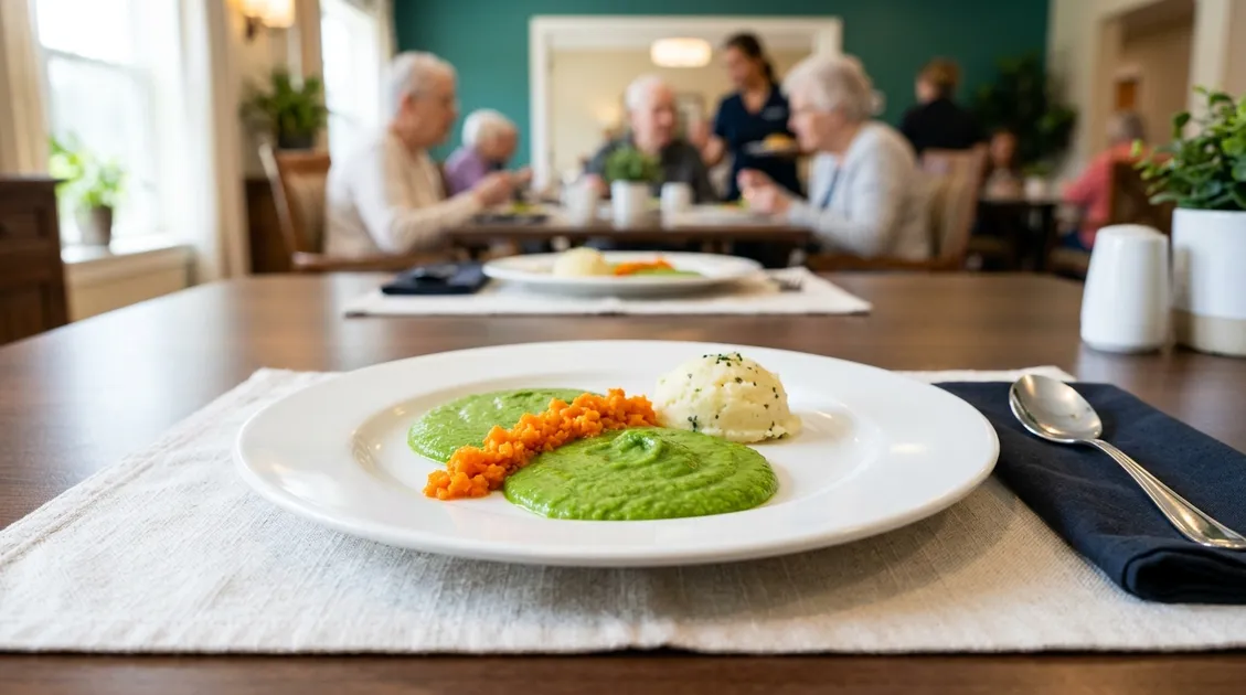 Texture-modified pureed meal with high-contrast colors for memory care resident