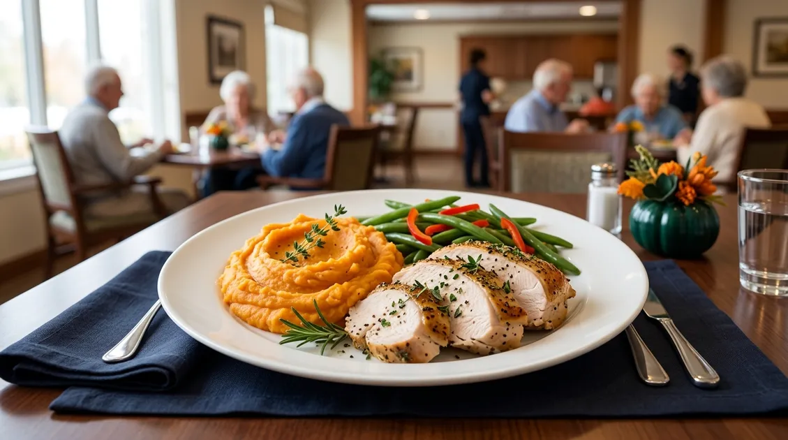 Plated CKD-compliant lunch meal in assisted living dining room with portion-controlled portions