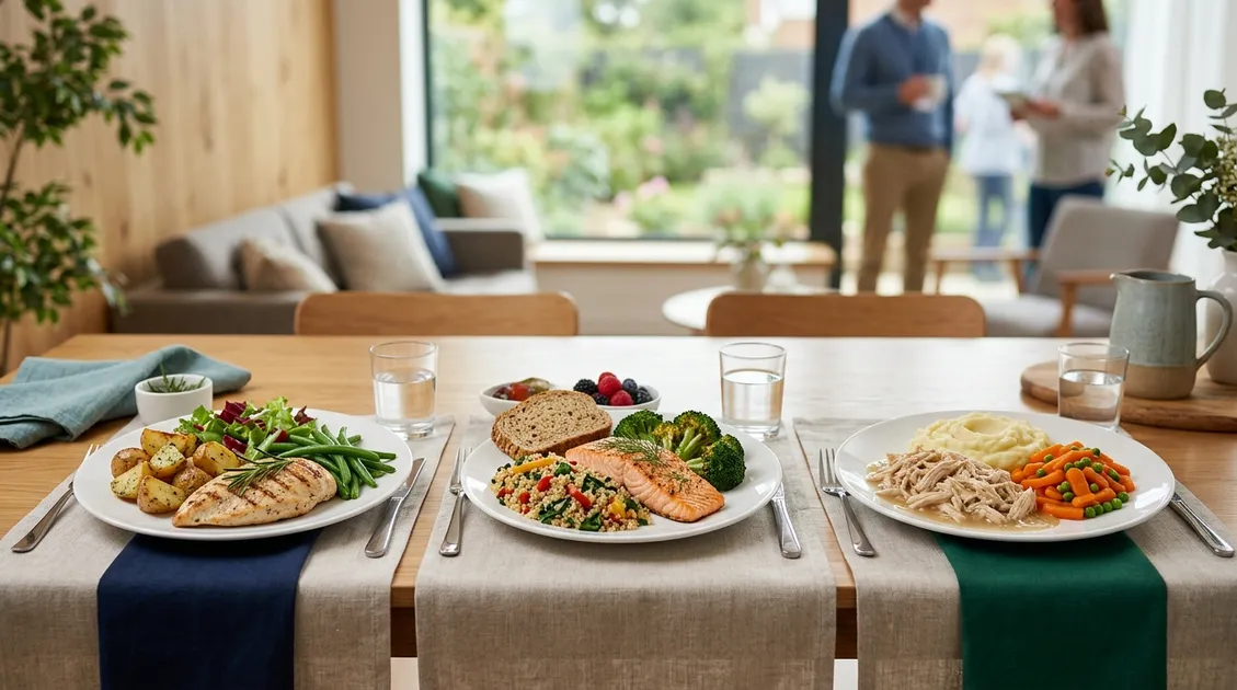 Plated therapeutic diet meals showing diabetic and mechanical soft modifications in an RCFE dining setting Plated therapeutic diet meals showing diabetic and mechanical soft modifications in an RCFE dining setting