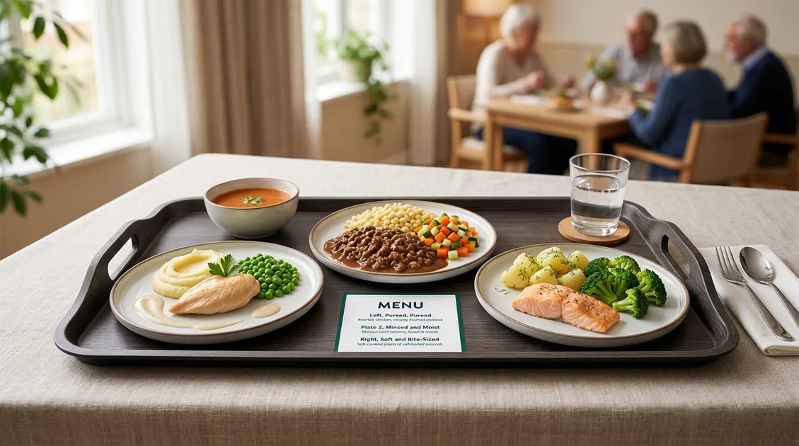 Texture-modified meals at IDDSI Levels 4, 5, and 6 on senior care dining tray Texture-modified meals at IDDSI Levels 4, 5, and 6 on senior care dining tray