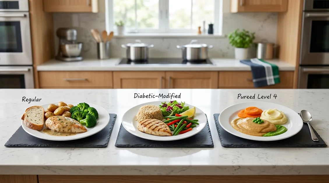 Three plated therapeutic diet meals side by side showing regular, diabetic, and pureed options