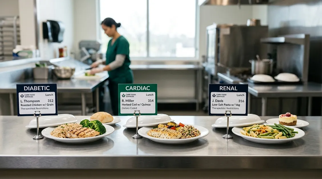 Printed tray cards showing different therapeutic diet modifications laid out on a kitchen counter