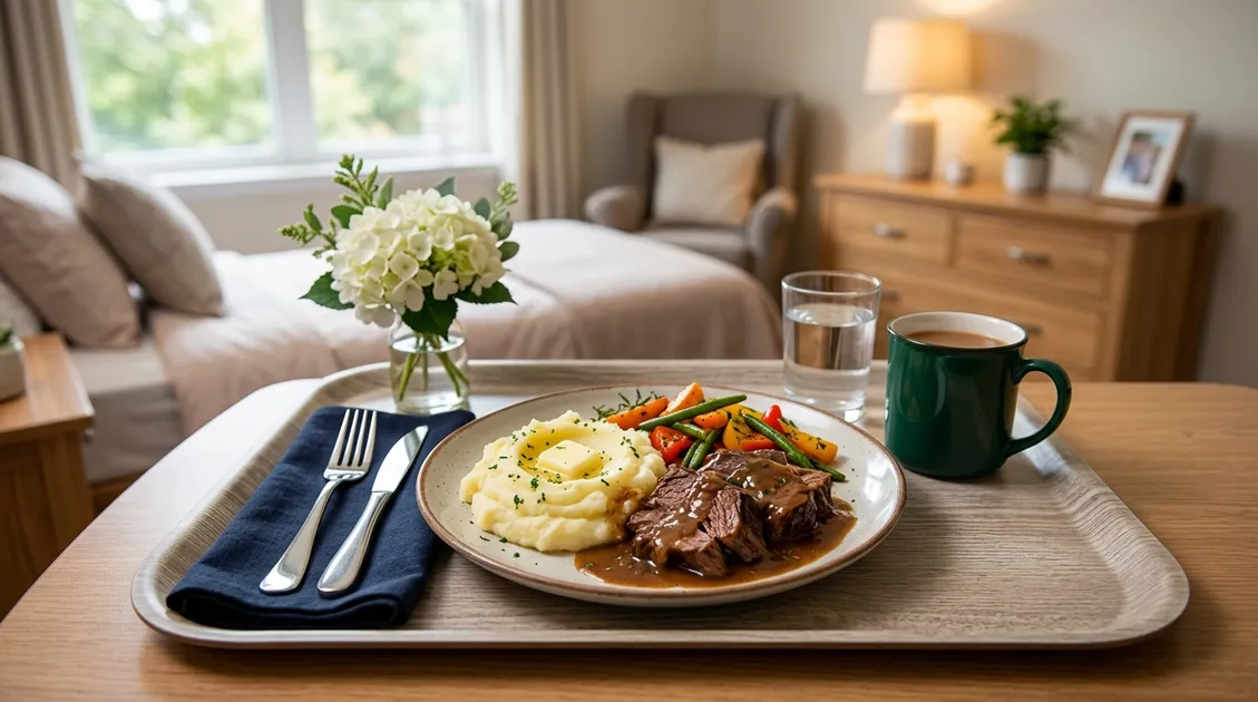 Dietitian-Approved Cycle Menus for Senior Care Facilities - Warm comfort meal plated on a hospice facility tray with home-style presentation