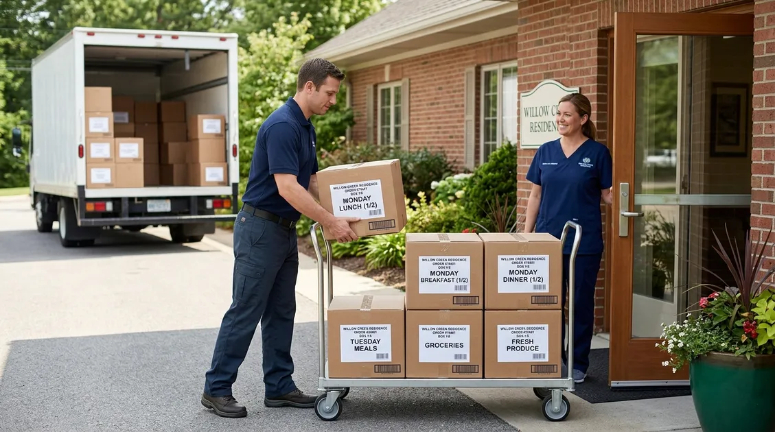 Wholesale food delivery boxes organized by meal at an assisted living facility back door