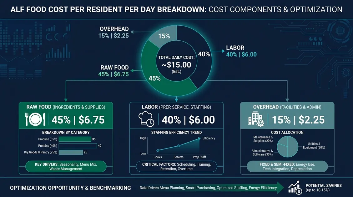 Infographic of ALF food cost per resident per day breakdown across raw food, labor, and overhead Infographic of ALF food cost per resident per day breakdown across raw food, labor, and overhead