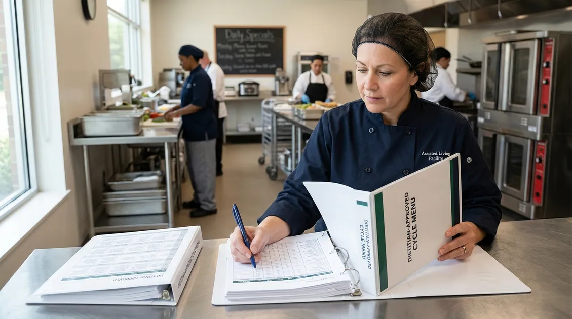 ALF kitchen manager reviewing a printed dietitian-approved cycle menu binder in a senior care facility ALF kitchen manager reviewing a printed dietitian-approved cycle menu binder in a senior care facility