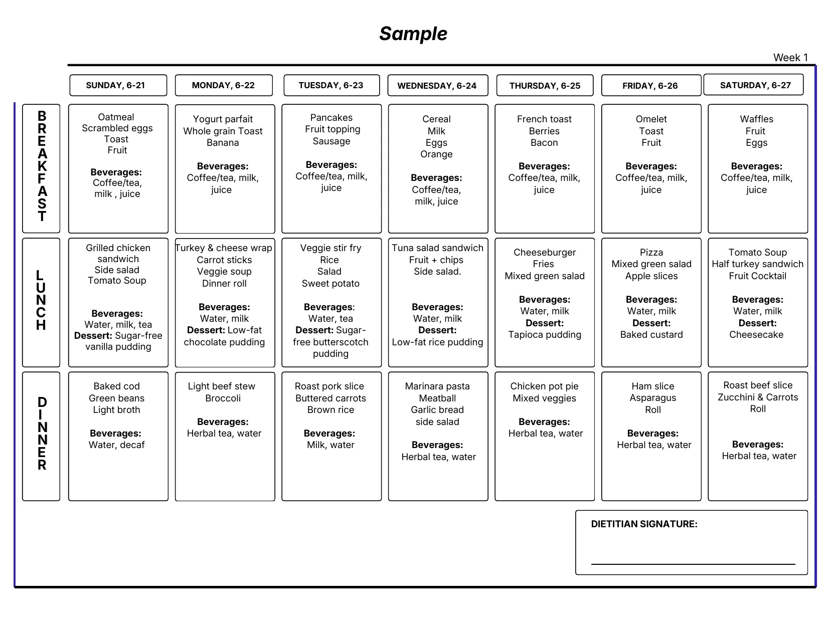 One week assisted living menu sample grid, Sunday through Saturday