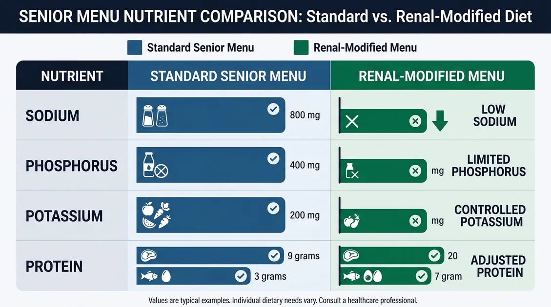 Dietitian-Approved Cycle Menus for Senior Care Facilities - Side-by-side nutrient comparison of standard senior menu versus renal-modified menu Dietitian-Approved Cycle Menus for Senior Care Facilities - Side-by-side nutrient comparison of standard senior menu versus renal-modified menu