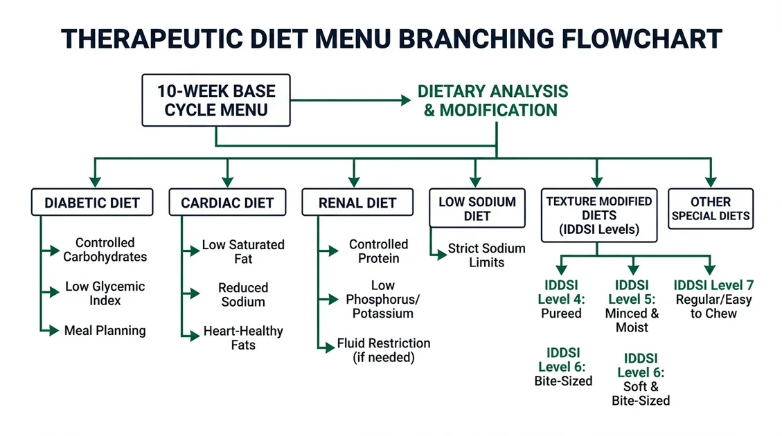 Diagram showing how one 10-week base cycle menu branches into 8 therapeutic diet modifications Diagram showing how one 10-week base cycle menu branches into 8 therapeutic diet modifications