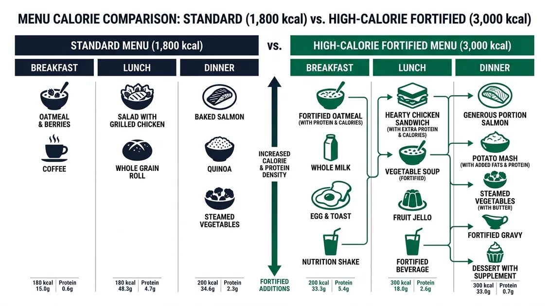Dietitian-Approved Cycle Menus for Senior Care Facilities - Comparison diagram of standard versus high calorie meal plan caloric density per serving Dietitian-Approved Cycle Menus for Senior Care Facilities - Comparison diagram of standard versus high calorie meal plan caloric density per serving