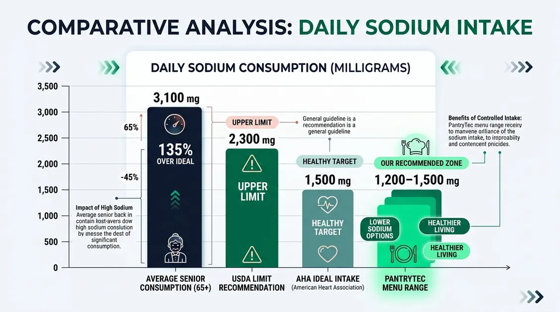 Dietitian-Approved Cycle Menus for Senior Care Facilities - Infographic comparing daily sodium intake levels for seniors versus AHA recommendations and PantryTec menu targets Dietitian-Approved Cycle Menus for Senior Care Facilities - Infographic comparing daily sodium intake levels for seniors versus AHA recommendations and PantryTec menu targets