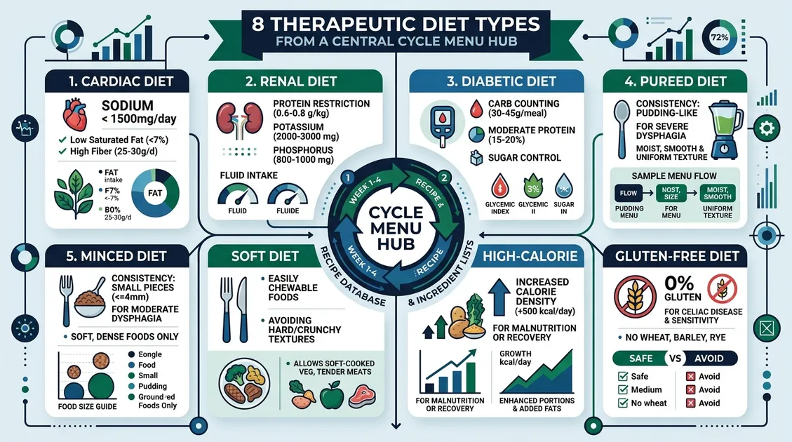 Infographic showing 8 therapeutic diet types branching from a central cycle menu hub Infographic showing 8 therapeutic diet types branching from a central cycle menu hub