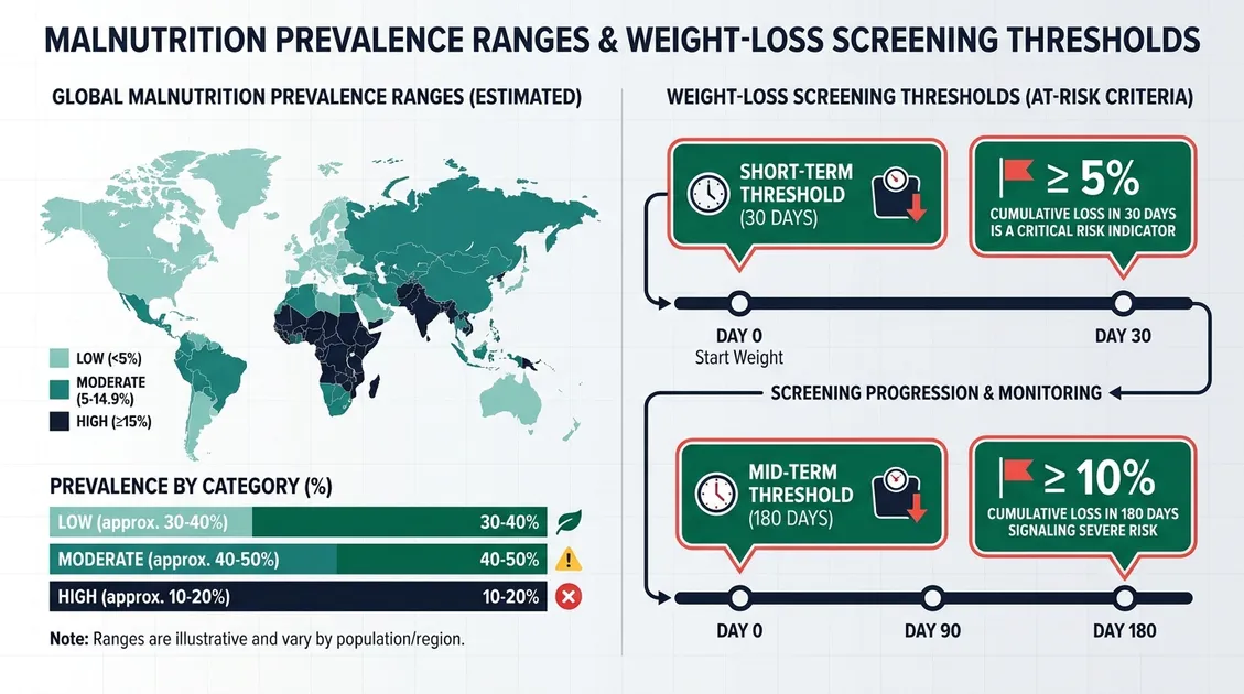 Infographic showing malnutrition prevalence and weight-loss screening thresholds for senior living residents