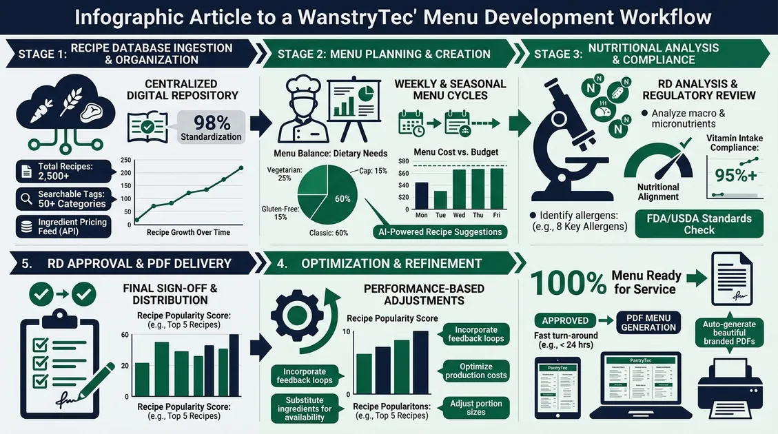 Dietitian-Approved Cycle Menus for Senior Care Facilities - PantryTec menu development workflow infographic from recipe selection to RD approval Dietitian-Approved Cycle Menus for Senior Care Facilities - PantryTec menu development workflow infographic from recipe selection to RD approval